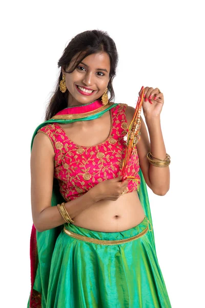 Beautiful Girl Showing Rakhi Occasion Raksha Bandhan White Background Sister — Stock Photo, Image