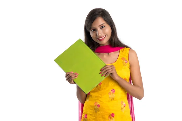 Pretty Young Girl Holding Book Posing White Background — Stock Photo, Image