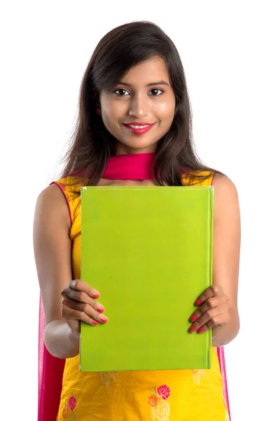 Pretty Young Girl Holding Book Posing White Background — Stock Photo, Image