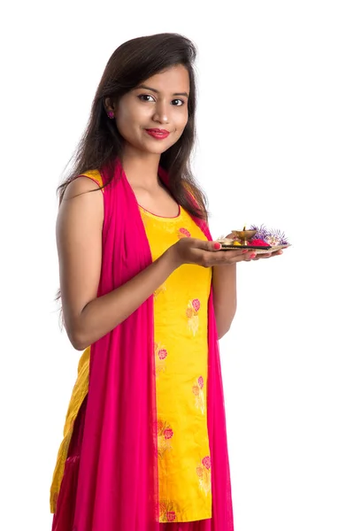 Beautiful Indian Young Girl Holding Pooja Thali Performing Worship White — Stock Photo, Image