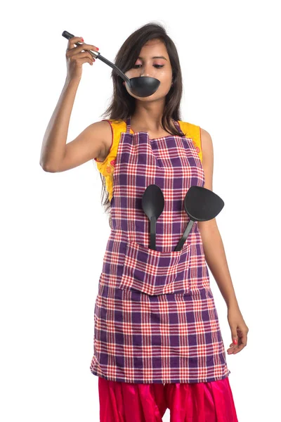 Young Indian Woman Holding Kitchen Utensil Spoon Stapula Ladle Pan — Stock Photo, Image