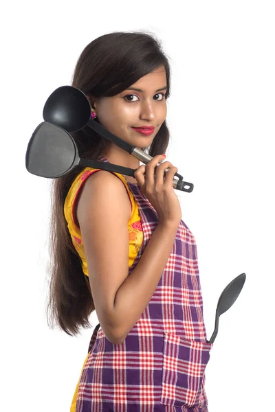 Young Indian Woman Holding Kitchen Utensil Spoon Stapula Ladle Pan — Stock Photo, Image