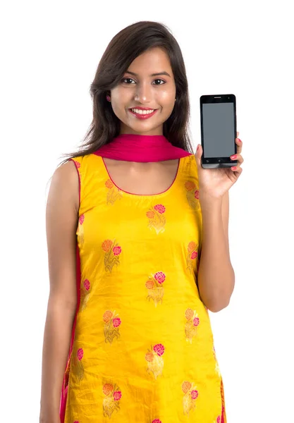 Young Beautiful Woman Holding Showing Blank Screen Smartphone Mobile Tablet — Stock Photo, Image