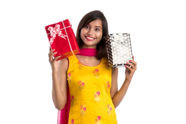 Portrait Young Happy Smiling Indian Girl Holding Gift Boxes White — Stock Photo, Image