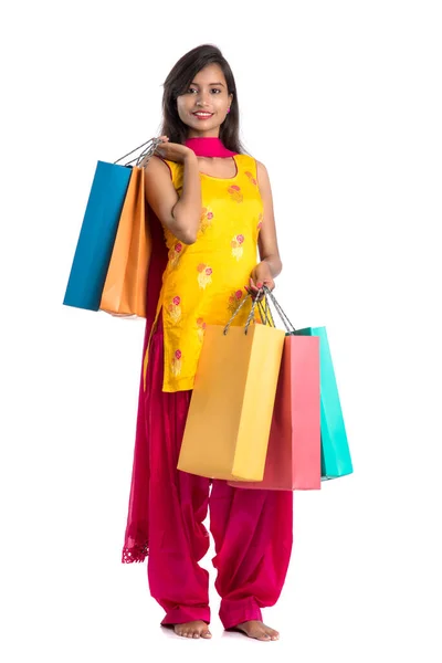 Beautiful Indian Young Girl Holding Posing Shopping Bags White Background — Stock Photo, Image