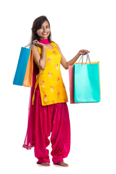 Beautiful Indian Young Girl Holding Posing Shopping Bags White Background — Stock Photo, Image