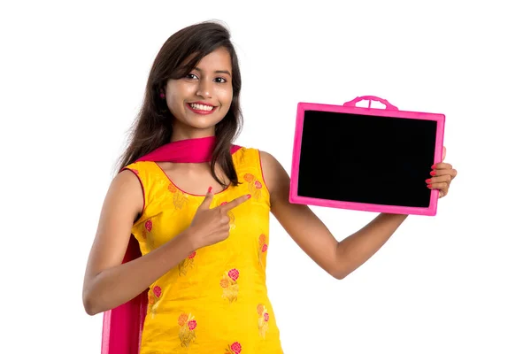 Beautiful Young Girl Holding Showing Something Chalkboard Slate Isolated White — Stock Photo, Image