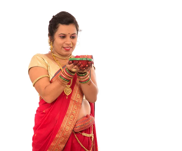 Portrait Indian Traditional Girl Holding Pooja Thali Diya Festival Light — Stock Photo, Image