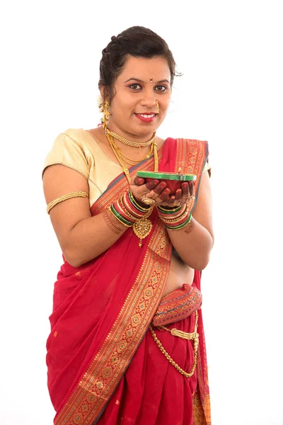 Portrait Indian Traditional Girl Holding Pooja Thali Diya Festival Light — Stock Photo, Image