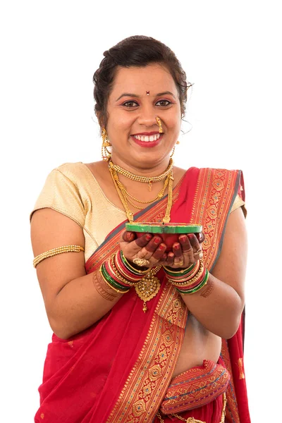 Portrait Indian Traditional Girl Holding Pooja Thali Diya Festival Light — Stock Photo, Image