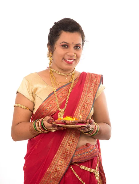 Portrait Indian Traditional Girl Holding Pooja Thali Diya Festival Light — Stock Photo, Image