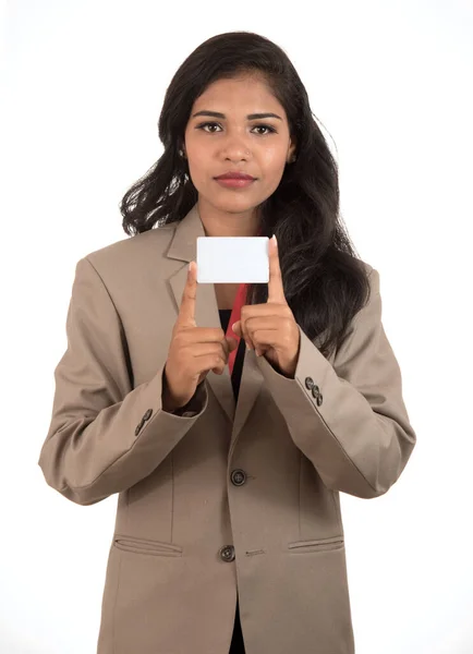 Smiling Business Woman Holding Blank Business Card Card White Background — Stock Photo, Image