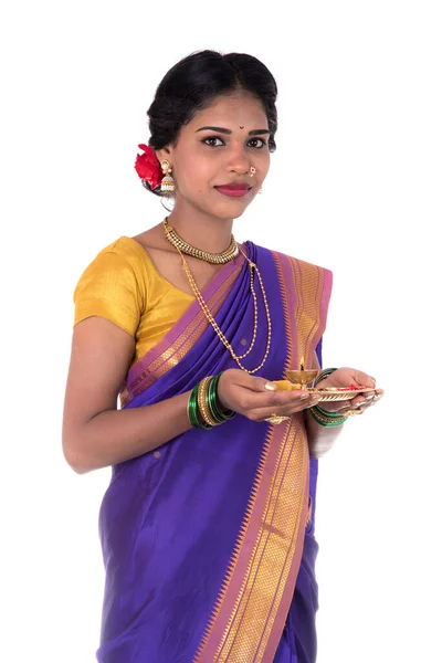 Indian Woman Performing Worship Portrait Beautiful Young Lady Pooja Thali — Stock Photo, Image