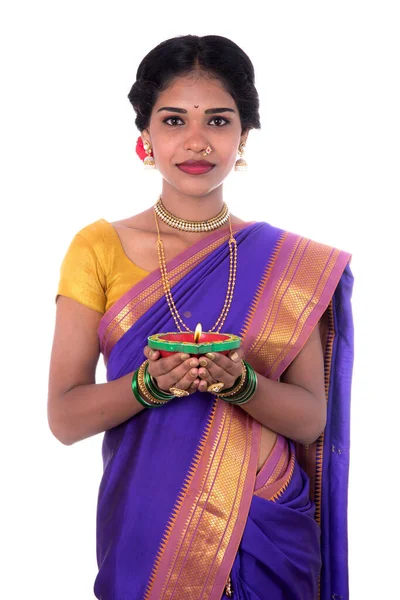 Portrait Woman Holding Diya Diwali Deepavali Photo Female Hands Holding — Stock Photo, Image