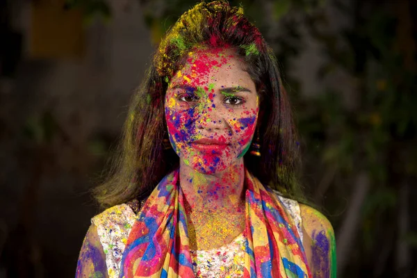 Portrait Happy Young Girl Colorful Face Occasion Holi Color Festival — Stock Photo, Image