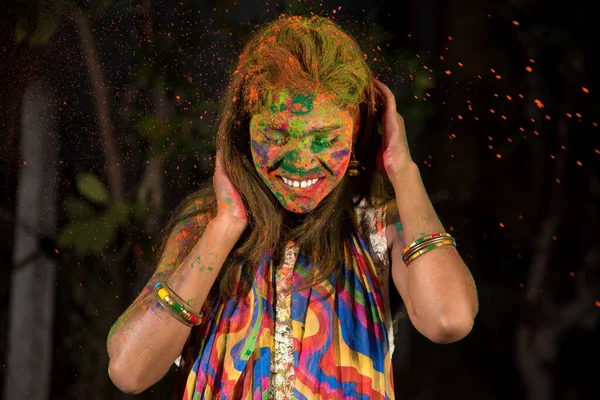 Young Girl Plays Colors Concept Indian Festival Holi Color Splash — Stock Photo, Image