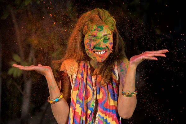 Young Girl Plays Colors Concept Indian Festival Holi Color Splash — Stock Photo, Image
