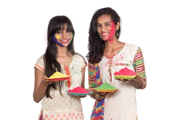 Happy Young Girls Having Fun Colorful Powder Holi Festival Colors — Stock Photo, Image