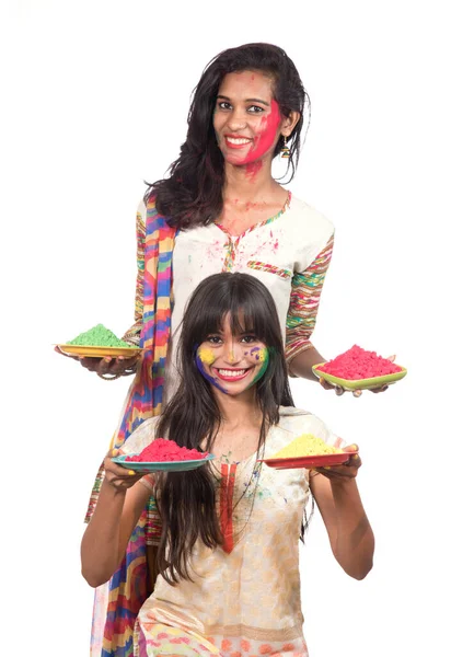 Happy Young Girls Having Fun Colorful Powder Holi Festival Colors — Stock Photo, Image