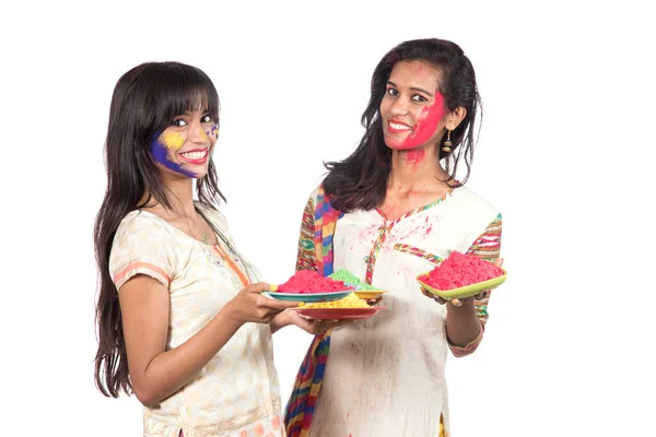 Happy Young Girls Having Fun Colorful Powder Holi Festival Colors — Stock Photo, Image