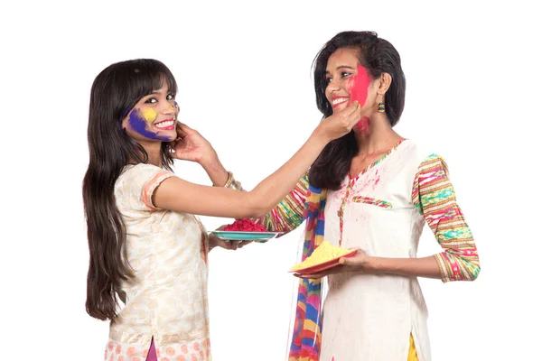 Happy Young Girls Having Fun Colorful Powder Holi Festival Colors — Stock Photo, Image