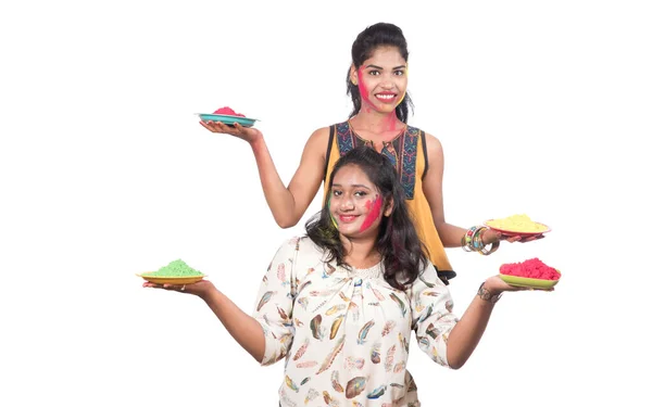 Happy Young Girls Having Fun Colorful Powder Holi Festival Colors — Stock Photo, Image