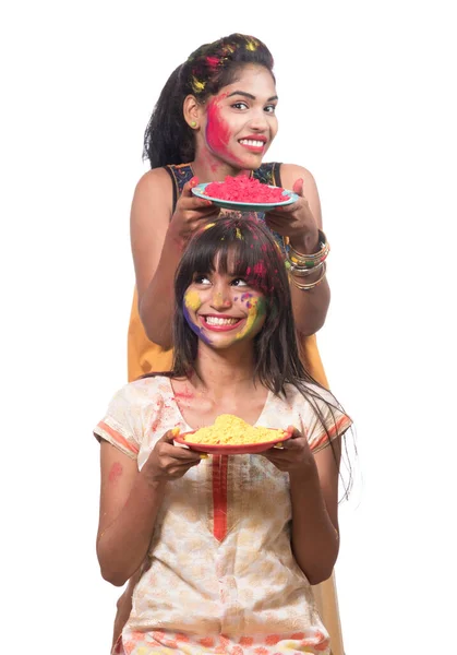 Šťastné Mladé Dívky Baví Barevným Práškem Holi Festivalu Barev — Stock fotografie