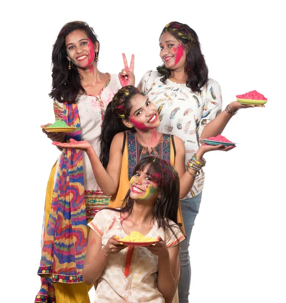 Group Happy Young Girls Having Fun Colorful Powder Holi Festival — Stock Photo, Image