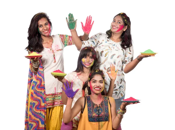 Group Happy Young Girls Having Fun Colorful Powder Holi Festival — Stock Photo, Image