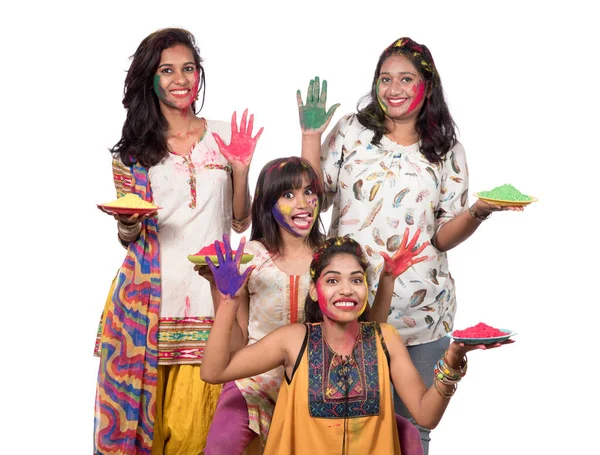 Group Happy Young Girls Having Fun Colorful Powder Holi Festival — Stock Photo, Image