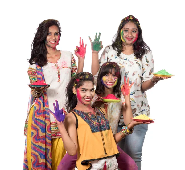 Group Happy Young Girls Having Fun Colorful Powder Holi Festival — Stock Photo, Image