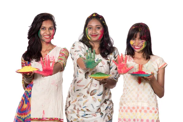 Happy Young Girls Having Fun Colorful Powder Holi Festival Colors — Stock Photo, Image