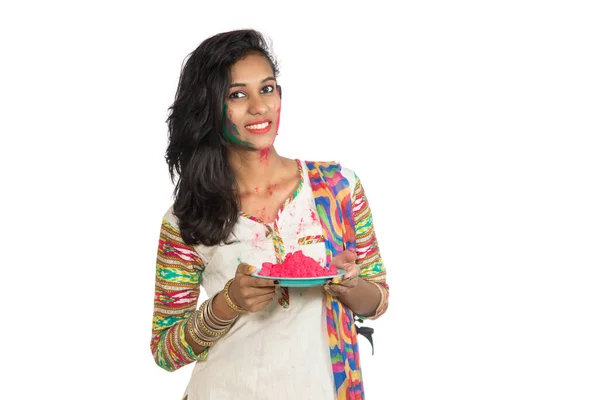 Beautiful Young Girl Holding Powdered Color Plate Occasion Holi Festival — Stock Photo, Image