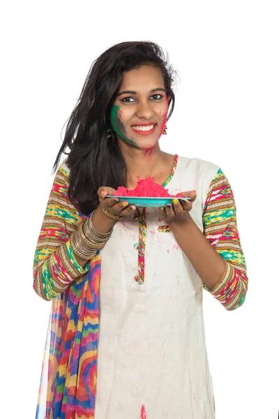 Beautiful Young Girl Holding Powdered Color Plate Occasion Holi Festival — Stock Photo, Image