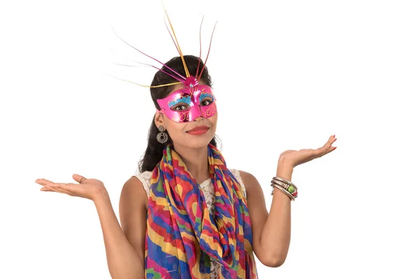 Smiling Cheerful Girl Wearing Carnival Mask Showing Sign Isolated White — Stock Photo, Image