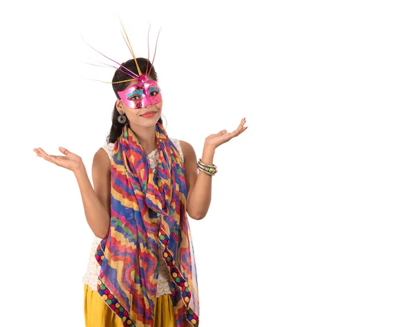 Smiling Cheerful Girl Wearing Carnival Mask Showing Sign Isolated White — Stock Photo, Image