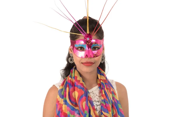 Smiling Cheerful Girl Wearing Carnival Mask Isolated White Background — Stock Photo, Image