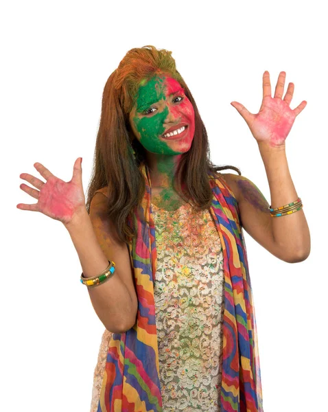 Portrait Happy Young Girl Colorful Face Holi Color Festival White — Stock Photo, Image