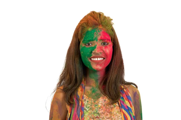 Portrait Happy Young Girl Colorful Face Holi Color Festival White — Stock Photo, Image