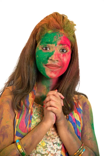 Retrato Uma Jovem Menina Feliz Com Rosto Colorido Festival Cores — Fotografia de Stock