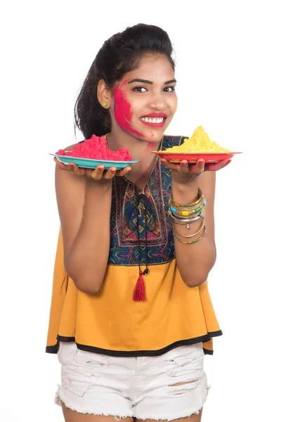 Beautiful Young Girl Holding Powdered Color Plate Occasion Holi Festival — Stock Photo, Image