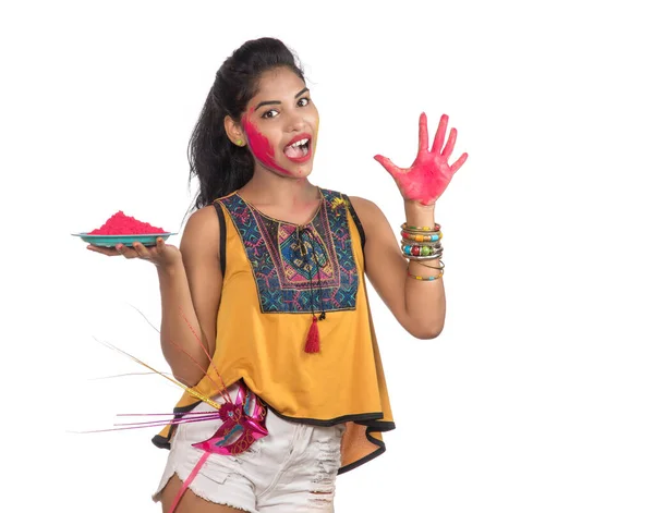 Menina Bonita Segurando Cor Placa Com Máscara Carnaval Por Ocasião — Fotografia de Stock