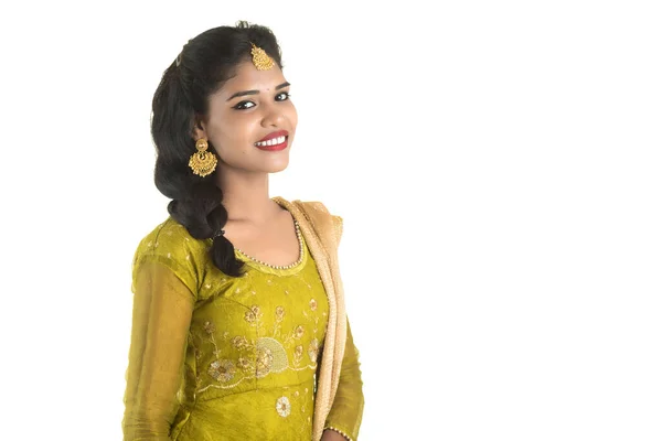 Portrait Beautiful Traditional Indian Girl Posing White Background — Stock Photo, Image