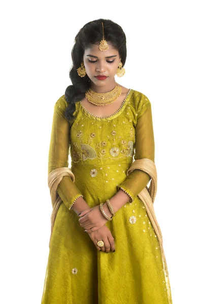 Portrait Beautiful Traditional Indian Girl Posing White Background — Stock Photo, Image