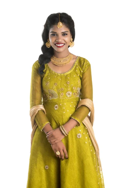 Portrait Beautiful Traditional Indian Girl Posing White Background — Stock Photo, Image