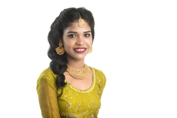 Portrait Beautiful Traditional Indian Girl Posing White Background — Stock Photo, Image