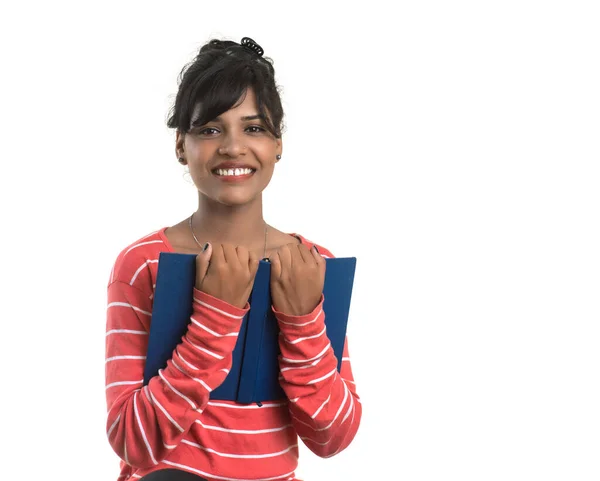 Pretty Young Girl Holding Book Posing White Background — Stock Photo, Image