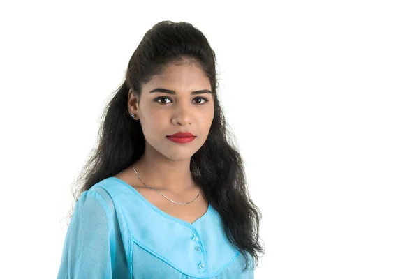 Portrait Beautiful Young Smiling Girl Posing White Background — Stock Photo, Image