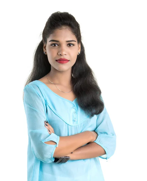 Portrait Beautiful Young Smiling Girl Posing White Background — Stock Photo, Image