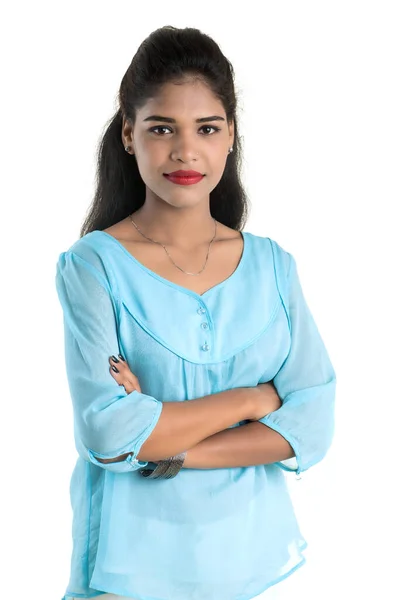 Portret Van Mooi Jong Lachend Meisje Poseren Witte Achtergrond — Stockfoto